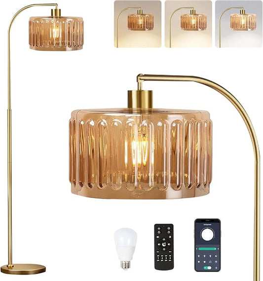 Gold Floor Lamp for Living Room,Bedroom,Mid Century Modern Standing Lamp with Remote,Dimmable Brass Tall Lamp Glass Lamp Vintage Retro Arc Floor Lamps Flower Floor Light Boho Bohemian