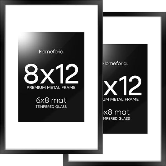Homeforia 8x12 Picture Frame Black, High End Metal 8 x 12 Poster Frames with Mat 6 by 8 for Photo, 12x8 Frame Matted to 6x8 inch Print, 8by12 Wall or Tabletop Frame, Tempered Glass, Wall Kit, Set of 2