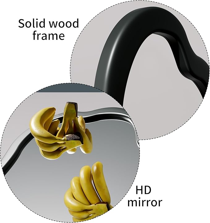 Wavy Mirror, Cloud Mirror, Irregular Wall Mirror with Wood Frame, Modern Decorative Mirror with Hanging Hooks, Asymmetrical Mirror for Bedroom Living Room Entryway (Black, 32×20)