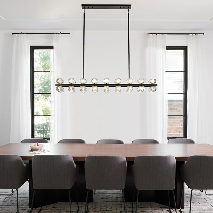 53" Linear Black Chandelier, 36 Lights Modern Crystal Chandelier for Dining Room, Island Lighting Fixture with Crystal Shades for Kitchen