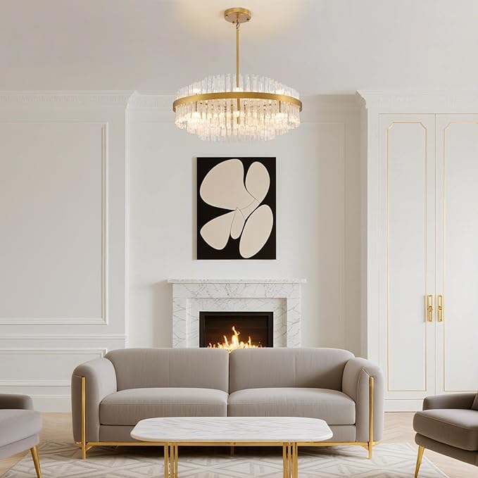 Siljoy 31.5 Inch Gold Round Chandelier, Modern Gold Crystal Chandelier with Raindrop Wave Glass Rods, Luxury 3-Way Dimmable LED Pendant Light Fixture for Living Dining Room Kitchen Island, G9 x 16