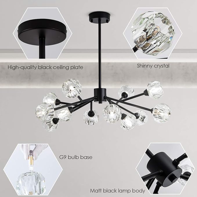 Sputnik Chandeliers for Dining Room Light Fixture Over Table, Modern Crystal Chandeliers, 12 Lights Black Lighting Fixtures for Living Room Bedroom Kitchen Island Bar