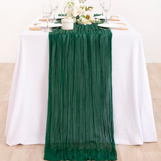 MLMC Emerald Green Table Runner Boho Dark Green Cheesecloth Table Runner 10ft Sheer Gauze Cheese Cloth Decorations for Fall Wedding Bridal Shower Home Party Christmas Decor