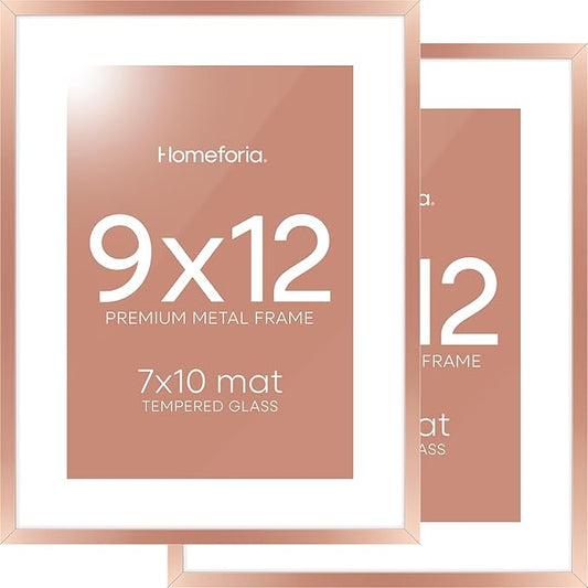 Homeforia 9x12 Rose Gold Frame, High End Metal 9 x 12 Picture Frames with Mat 7 by 10 inch Photo, 9by12 Poster Frame Matted to 7x10 Art, 12x9 Wall or Tabletop Frame, Tempered Glass, Wall Kit, Set of 2