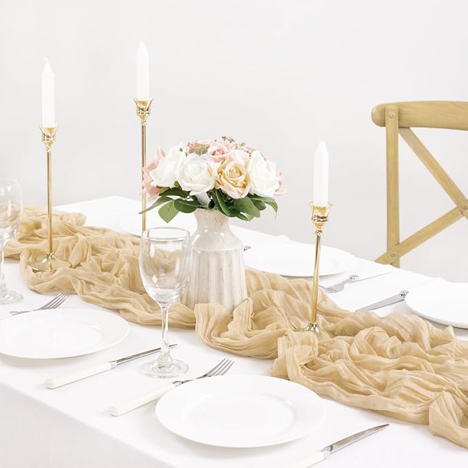 MLMC 8 Pack Champagne Table Runner 10ft Rustic Sand Cheesecloth Fall Table Runner Bulk 35x120 Inches Neutral Gauze Cheese Cloth Centerpiece for Outdoor Wedding Bridal Shower Gathering Party Decor