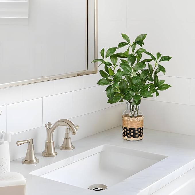 Fake Stems in Glass Vase with Faux Water and Handcrafted Bamboo Weave 13.4” Artificial Plants Leaves for Shelf Desk Bathroom Farmhouse Room Coffee Table Home Decor