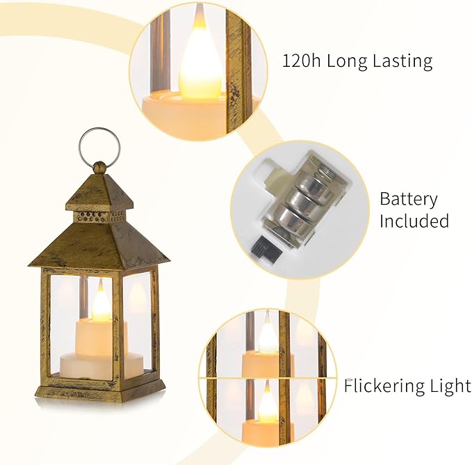 Romadedi Mini Lanterns Decorative for Wedding Centerpiece - 20 PCS Hanging Small Gold Lantern Bulk with Flickering LED Candles for Halloween Decorations Christmas Table Decor, Batteries Included