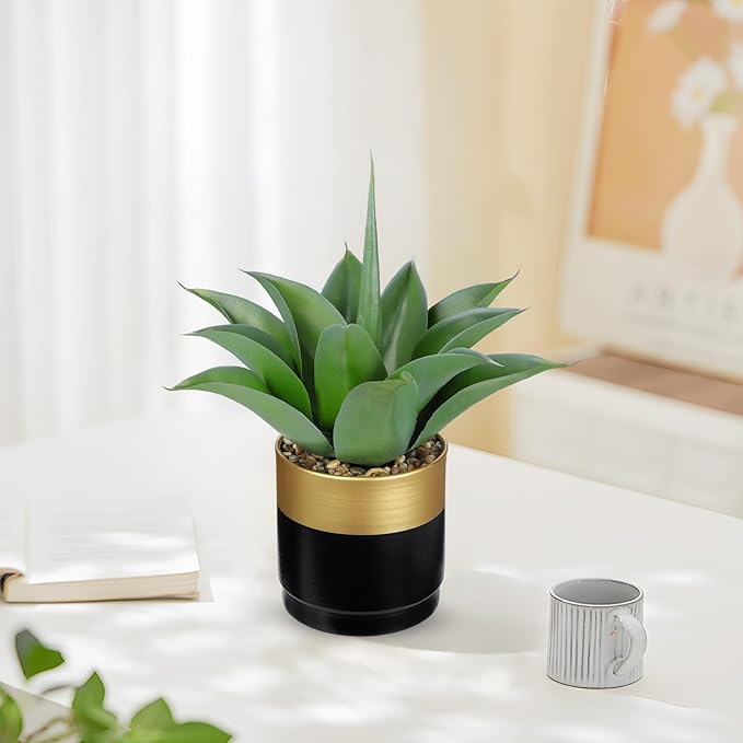Briful Artificial Agave Plant in Black and Gold Metal Pot, 13 Inch Tall Fake Succulent Potted Plants with Wide Gray-Green Leaves, Faux Houseplant for Modern Home Office Shelf Decor