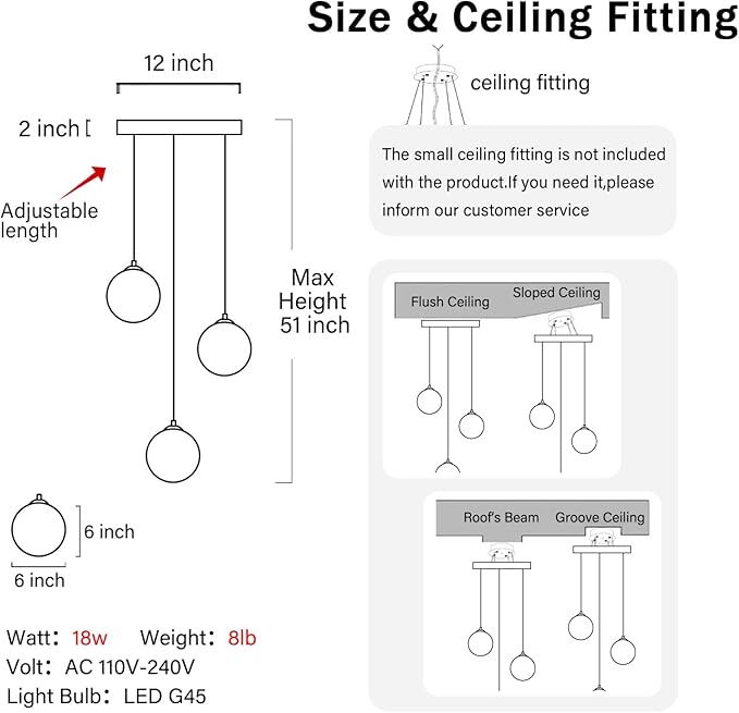 3-Lights Globe Glass Pendant Light Modern White Globe Glass Chandelier Mid Century Chandelier Black Hanging Fixture for Kitchen Island Foyer Hallway Dining Room