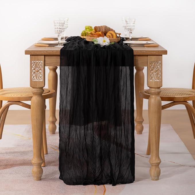 MLMC Black Halloween Table Runner 10ft Rustic Gauze Cheesecloth Table Runner Fall Decor 35x120 Inches for Halloween Party Bridal Shower Anniversary Events Decor