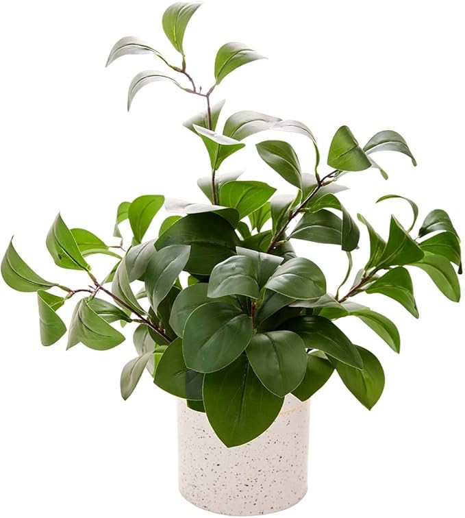 AlphaAcc Fake Plants Greenery Ficus Leaf Artificial Plant Indoor Bathroom Potted Faux Plant Decor with White Marble Planter for Kitchen Counter Bedroom Office Coffee Table Decoration