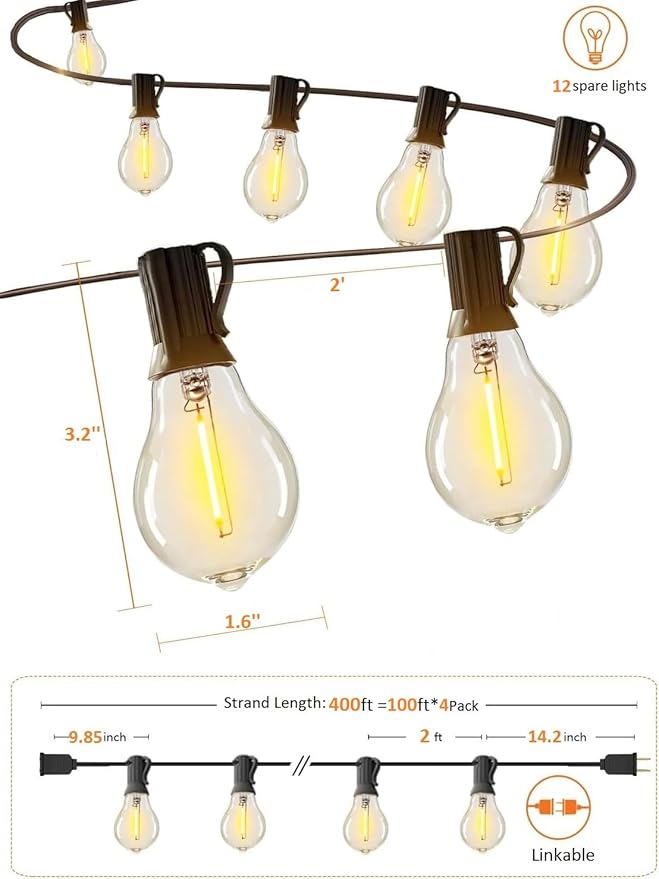 400FT Outdoor String Lights LED Waterproof Patio String Lights for Outside with 200+12ea Extra A39 2200K Warm Yellow Vintage Bulbs for Outdoor Bistro Backyard Lights, 4Pack x 100FT Linkable