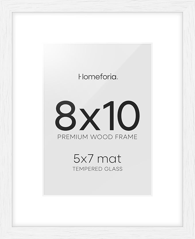 Homeforia 8x10 Picture Frame White, High End Oak 8 x 10 Wooden Frames with Mat 5 by 7 Print, 8x10 Wood Frame Matted to 5x7 inch Photo, 8by10 Wall or Tabletop Frames, Tempered Glass, Wall Kit, Set of 1