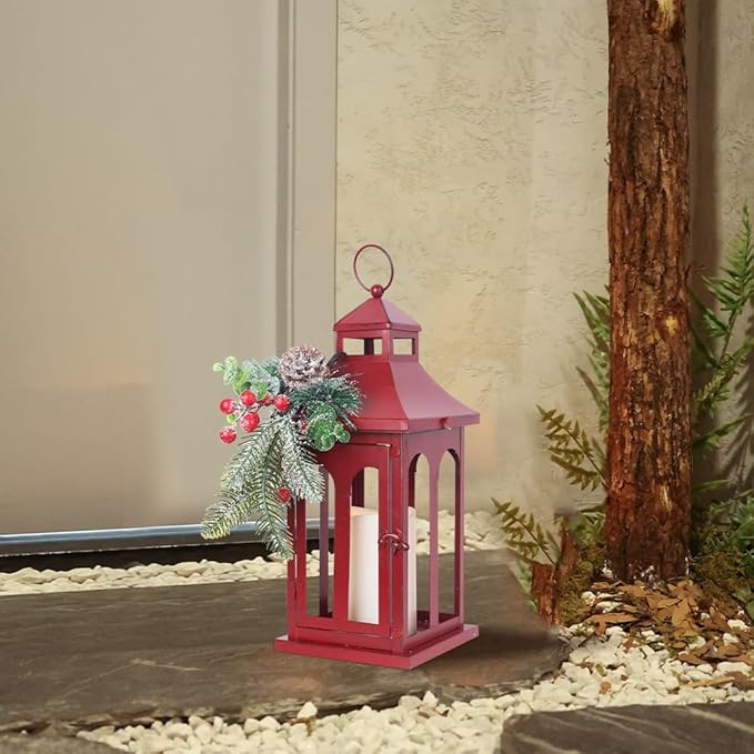 DECORKEY Christmas Decorations for Home, Decorative Christmas Lantern Indoor Outdoor Decor, Metal Hanging Candle Holder with Xmas Teardrop Wreath and LED Candle for Table Centerpieces, Patio (Red)