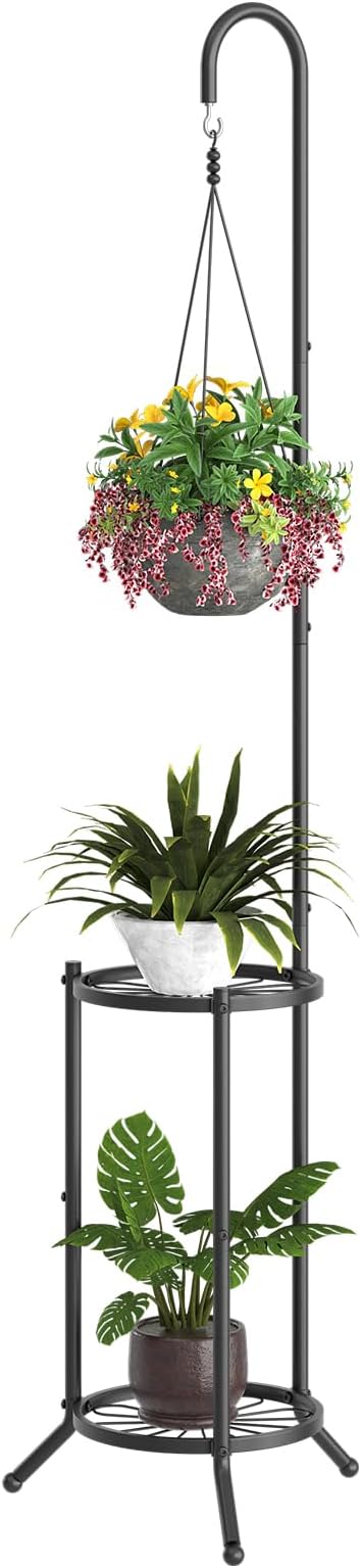 Plant Stand with Hooks Indoor Outdoor Corner Tall Plant Stand Heavy-Duty Metal 3-Tier Plant Shelf Holder Rack for Patio Garden Balcony Living Room Bedroom(semicircular Black)