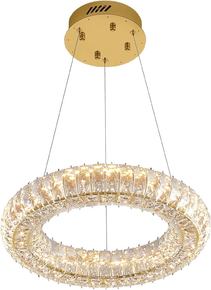 Modern LED Gold Ring Pendant Light 7.8" Dimmable Crystal Chandelier Adjustable Round Crystal Chandelier Light Fixtures for Dining Room Living Room