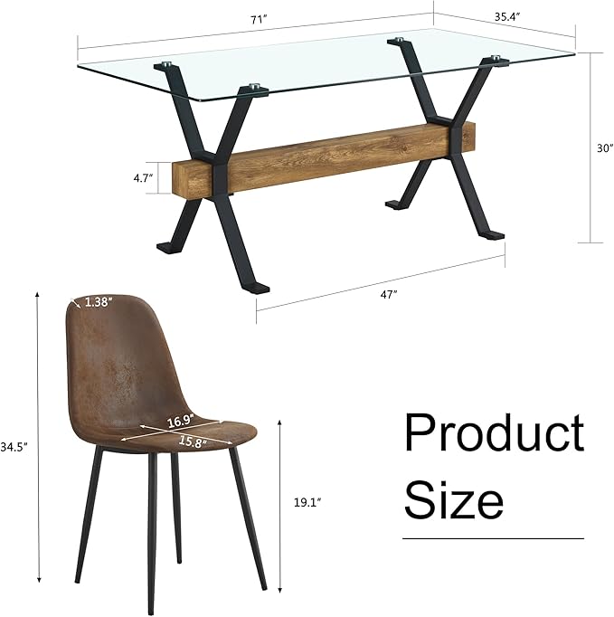 5 Piece Glass Dining Table Set, Kitchen Table Chairs Set for 4, 71'' Dining Table with 0.4" Tempered Glass Tabletop with Plated Metal Legs and MDF Crossbar, 4 Suede Chairs for Dining Room, Kitchen.