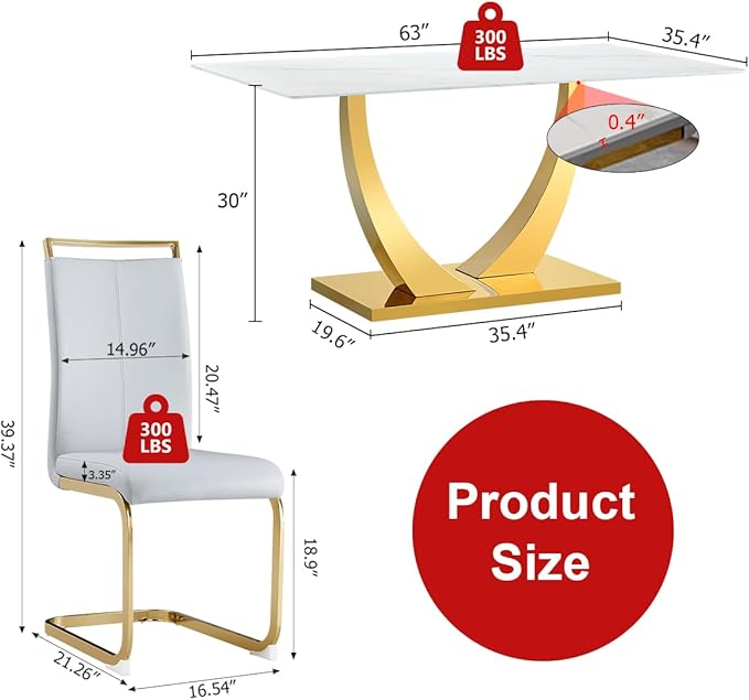 63” Dining Room Table Set for 4,Modern Gold Dining Table Set for 4, Rectangle Kitchen Table Set with Leather Chairs,White Faux Marble Dinner Table Set with Tempered Glass Top and Golden Base