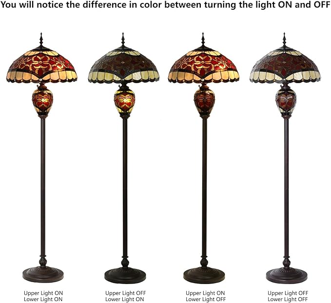 Bieye L10867 Baroque Tiffany Style Stained Glass Double Lit Floor Lamp for Home Decor 64-inch Tall (18-inch Wide, Red)