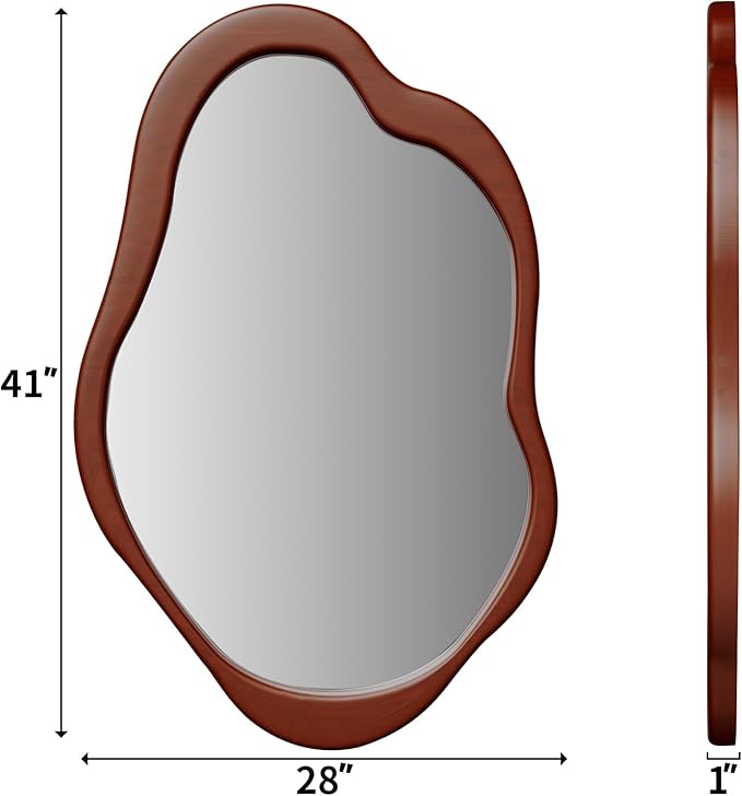 Wavy Cloud Mirror - Irregular Wall Mirror With Wood Frame, Modern Decorative With Hanging Hooks, Asymmetrical for Bedroom Living Room Entryway (Walnut, 41'' 28'')