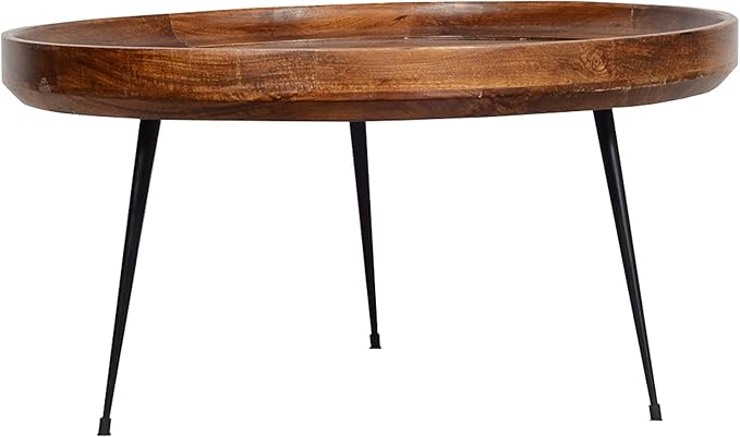 The Urban Port Round Mango Wood Coffee Table with Splayed Metal Legs, Brown and Black, 30 in x 30 in x 16 in