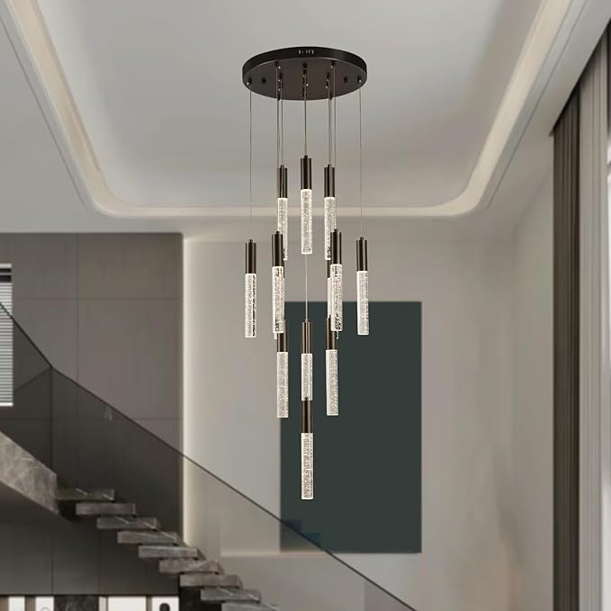 Round Black Chandelier, Modern Raindrop Hanging Lights, Large Dimmable High Ceiling Lamps, LED Crystal Pendant Lighting for Staircase Living Room Dining Room Farmhouse