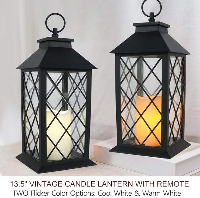 Bright Zeal 2-Pack 13.5" Candle Lanterns Outdoor Waterproof Decorative Lights with Timer Remote - Decorative Indoor LED Lanterns Battery Operated - Cool White Vintage Lantern Outdoor