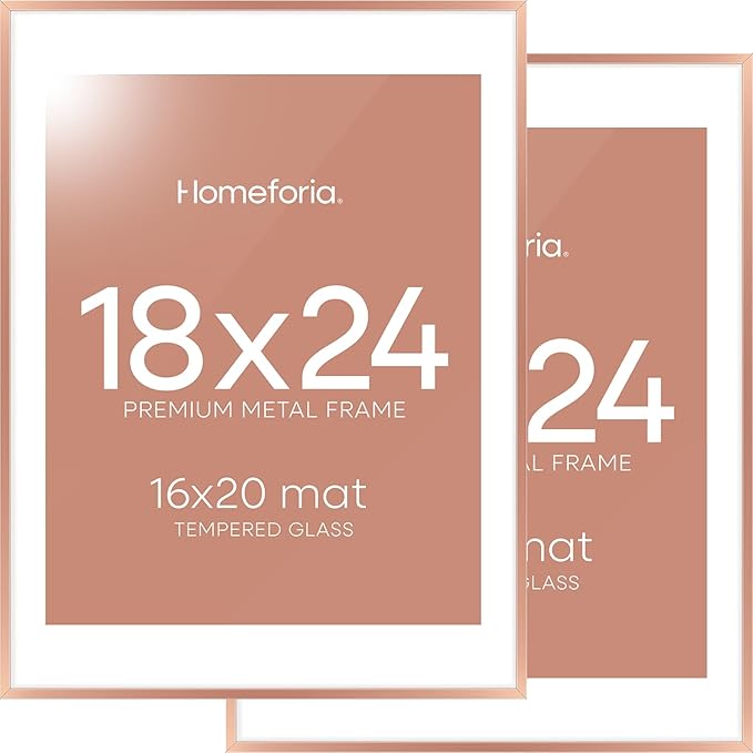 Homeforia 18x24 Frame Rose Gold, High End Metal 18x24 Poster Frames with Mat 16x20 inch Photo, 18 x 24 Rose Gold Picture Frame Matted to 16 by 20 Print, 24x18 Frame, Tempered Glass, Wall Kit, Set of 2