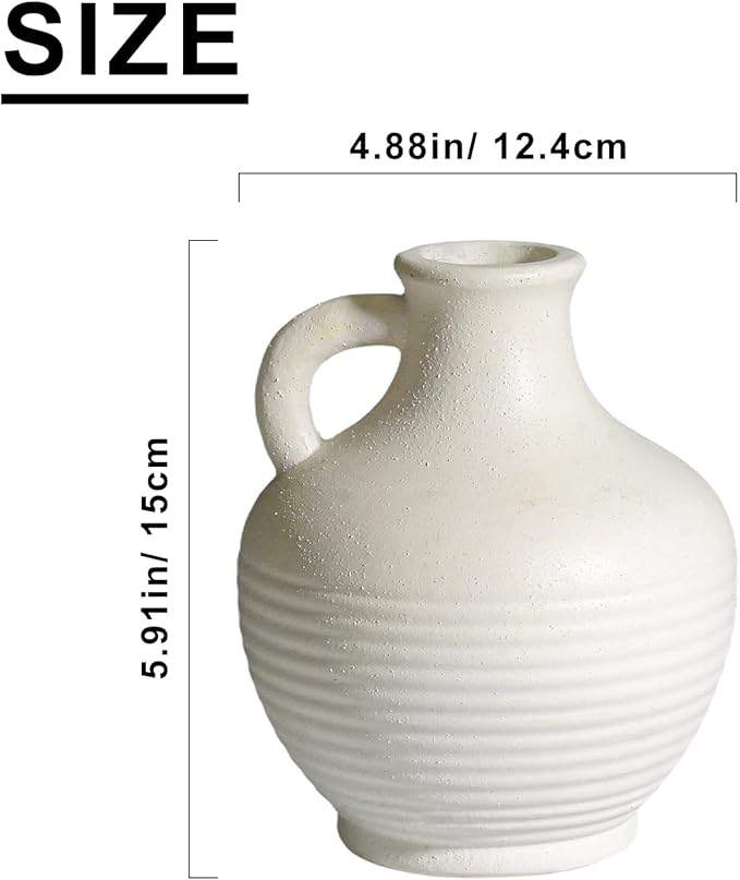 White Ceramic Vase, Rustic Farmhouse Vase with Handle, Pottery Vases for Flower, Farmhouse Decor, Centerpiece Table Decorations, 6 inch
