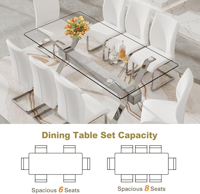 71'' Glass Dining Table Set for 8,9 Piece Dining Table Set with Tempered Glass Tabletop and Open‑Frame X‑Shaped Metal Base,Kitchen Table and Chairs Ideal for Dining Room&Home Office