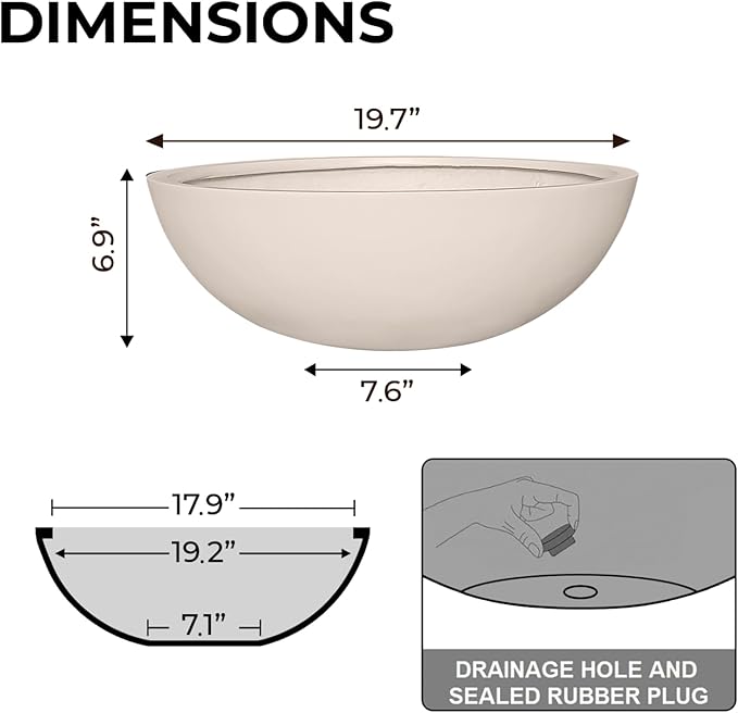 6.9"H x 19.7"D Round Bowl Fiberstone Planter for Succulent and Lotus, Drainage Hole, Weather Resistant for Indoor and Outdoor Use, Included 2 Extra Coco Mats (Kilim Beige, 17.9" Pot Opening)