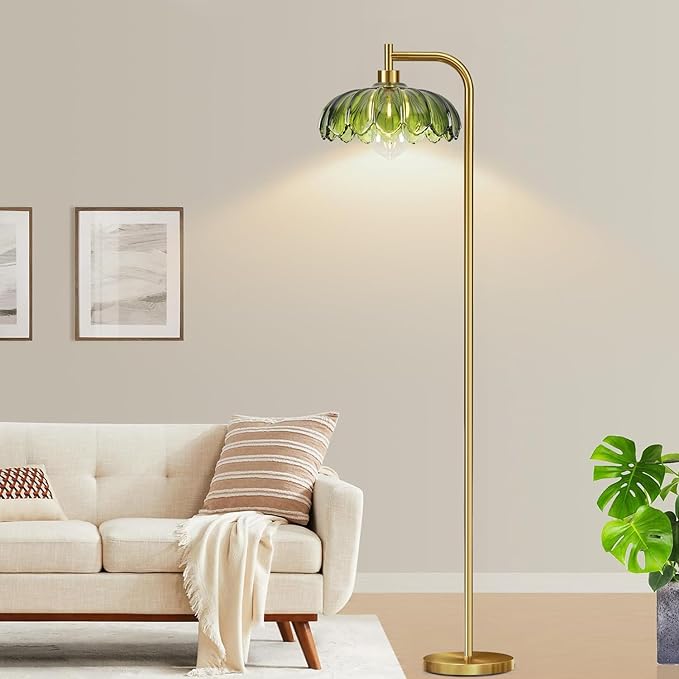 Glass Floor Lamp for Living Room,Bedroom,Gold Mid Century Modern Standing Lamp with Remote Dimmable,Boho Brass Tall Lamp Vintage Retro Green Arc Floor Lamps Flower Floor Light Bohemian