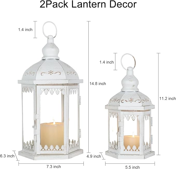 Lanterns Decorative Outdoor&Indoor, Set of 2 (15"&11") White Metal Lantern Decor with Glass, Candle Holder for Porch, Patio, Garden, Balcony, Wedding, Table Centerpiece