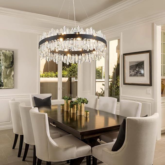 Round Modern Crystal Chandelier, Black Luxury K9 Crystal Raindrop Chandelier, Adjustable Height Pendant Ceiling Light for Dining Living Room Kitchen Island D30