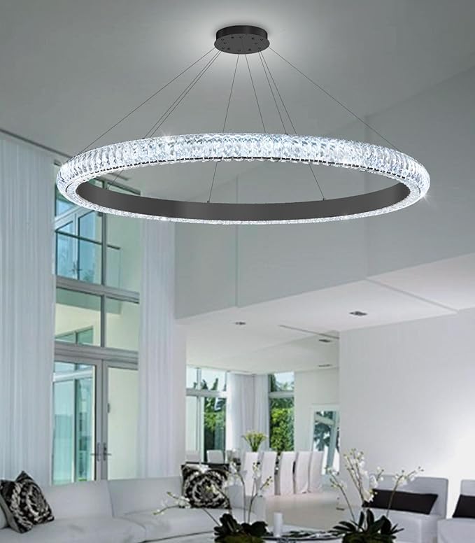 40" 1 Ring Crystal Chandelier Modern LED Dimmable Ring Pendant Light Chandelier for Dining Room Living Room Black