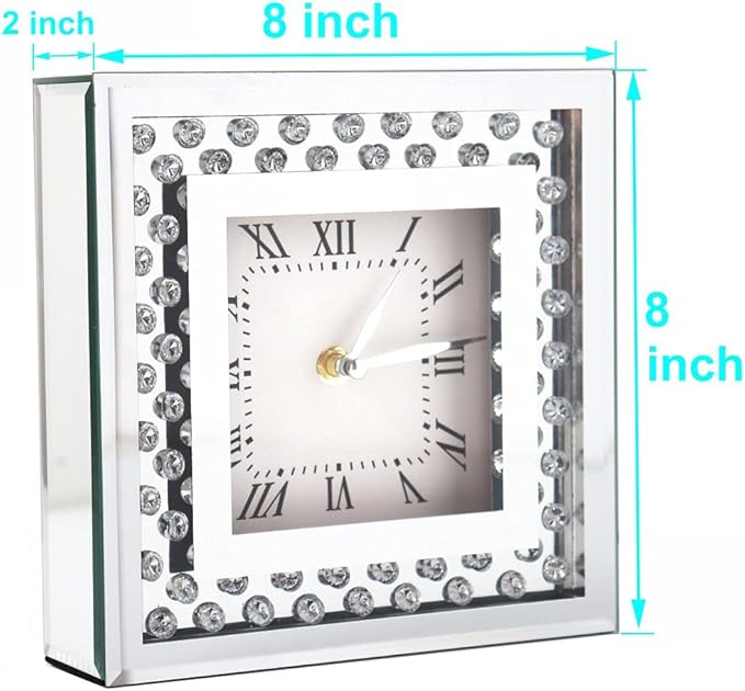 Silent Desk Clocks 8x8x2 Inch Crystal Sparkle Twinkle Bling Square Mirrored Table Top Decorative Clock With Diamond for Home Decoration Silver Mirror Home Decor. AA Battery is not included.