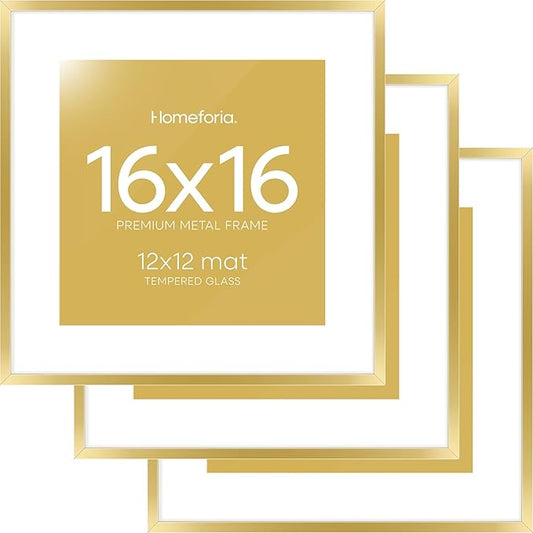 Homeforia 16x16 Picture Frame Gold, High End Metal 16 x 16 Square Poster Frame with Mat 12 x 12 Photo, 16x16 Frame Matted to 12x12 Print, 16by16 Gold Hanging Frames, Tempered Glass, Wall Kit, Set of 3