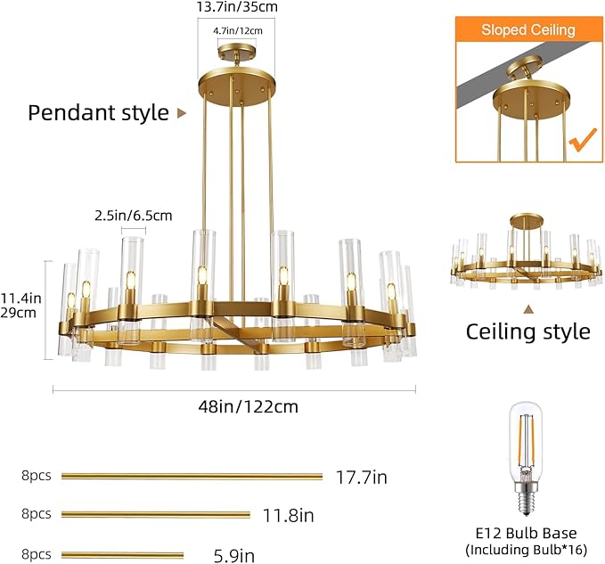 Modern 48" Gold Wagon Wheel Chandelier, Brass Round Chandeliers for Dining Room,16-Light Farmhouse Living Room Chandelier with Glass Tube for Bedroom,Staircase, Foyer, Entryway, Includes Bulbs
