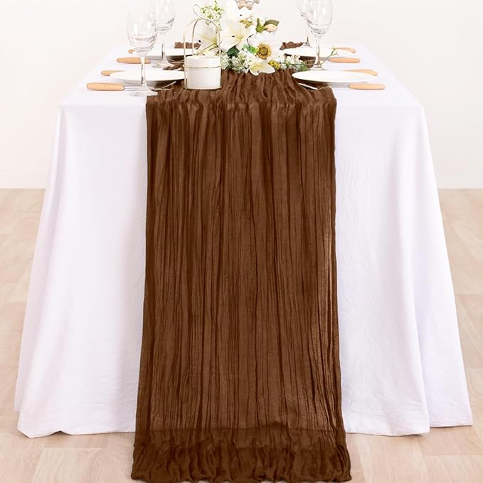 MLMC Brown Cheesecloth Table Runner 10ft Boho Rustic Gauze Coffee Cheese Cloth Table Runner Neutral Fall Centerpiece Decor 35x120 Inches for Wedding Farmhouse Reception Home Decor