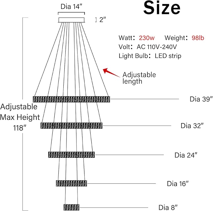 Large Modern Chandelier 5 Ring Chandeliers for High Ceiling Dimmable Black Chandelier High Ceiling Foyer Chandeliers for Living Room Dining Room Staircase