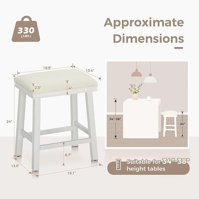 MAISON ARTS White Counter Height 24 inch Bar Stool for Kitchen Counter Solid Wood Leg with Faux Leather Padded Seat Farmhouse Barstool for 34"-38" Counter Island Upholstered Stool