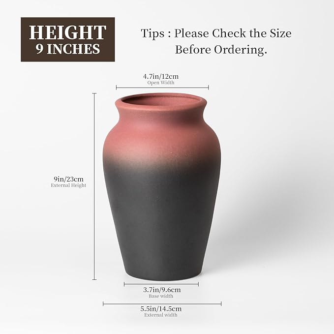 Ceramic Vase for Home Decor, 9 Inch Wide Mouth Pottery Vase, Vintage Farmhouse Boho Neutral Terracotta Rustic Decor for Living Room, Entryway, Floor, Mantel Decoration（Black & Red）