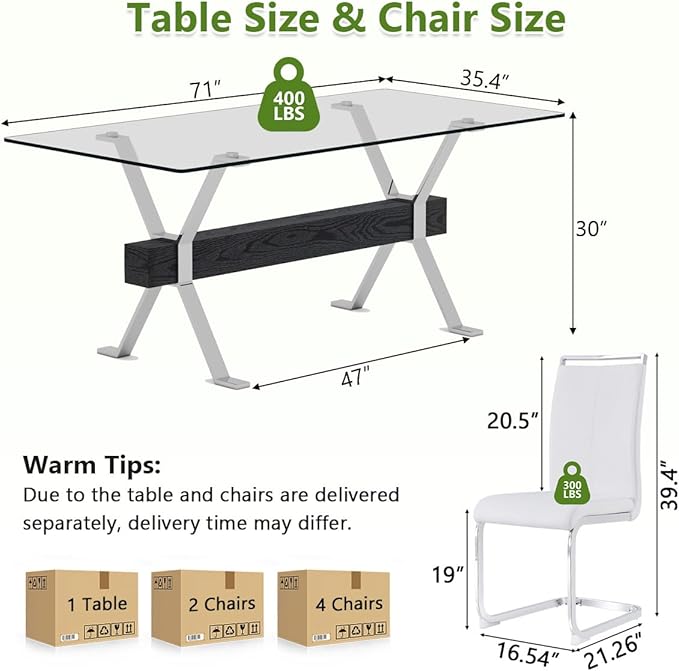7 Piece Glass Dining Table Set, Kitchen Table Chairs Set for 6, 71'' Dining Table with 0.4" Tempered Glass Tabletop with Plated Metal Legs and MDF Crossbar, 6 PU Chairs for Dining Room, Kitchen.