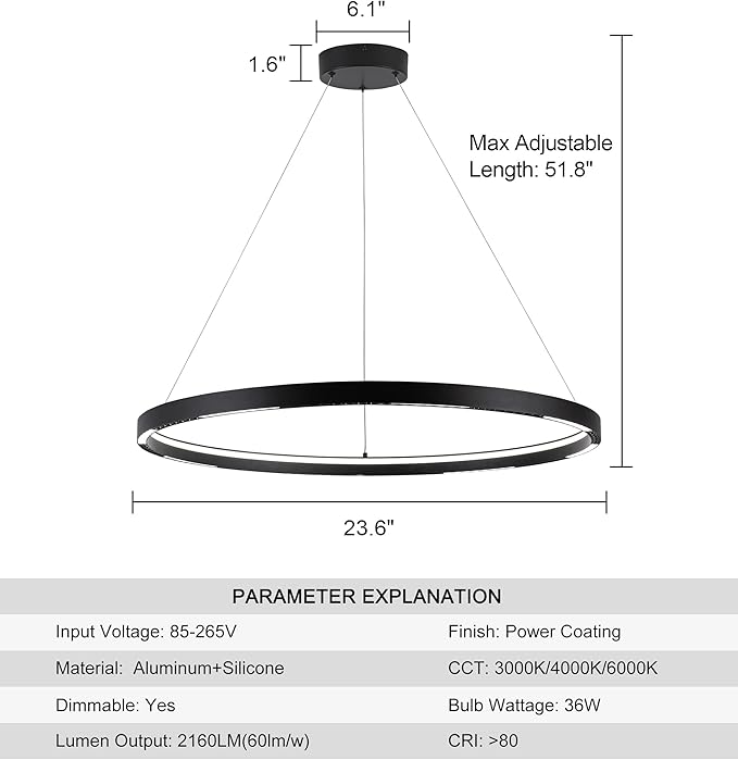 Led Ring Chandelier,Ring Light Chandelier Modern Pendant Light,1 Circular Chandelier Dimmable Hanging Led Pendant Lighting for Living,Dining Room Kitchen Island 23.6" 3000-6000K Black