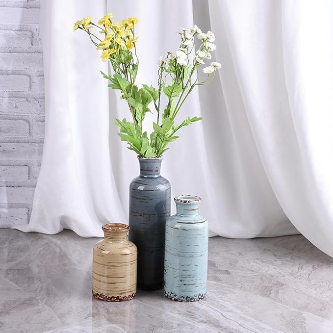 Ceramic Vase Set of 3 – Small Flower Vases, Modern Farmhouse Boho Flower Vases for Home Decor, Rustic Pottery Vases for Centerpieces, Living Room, Shelf, Fireplace, Entryway Decor, Table or Cabinet