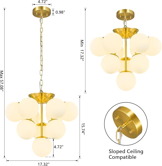 10 Lights Globe Pendant Light Mid Century Pendant Lighting Modern Gold Sputnik Chandelier Dining Room Pendant Lights for Kitchen Island Living Room Bedroom Staircase