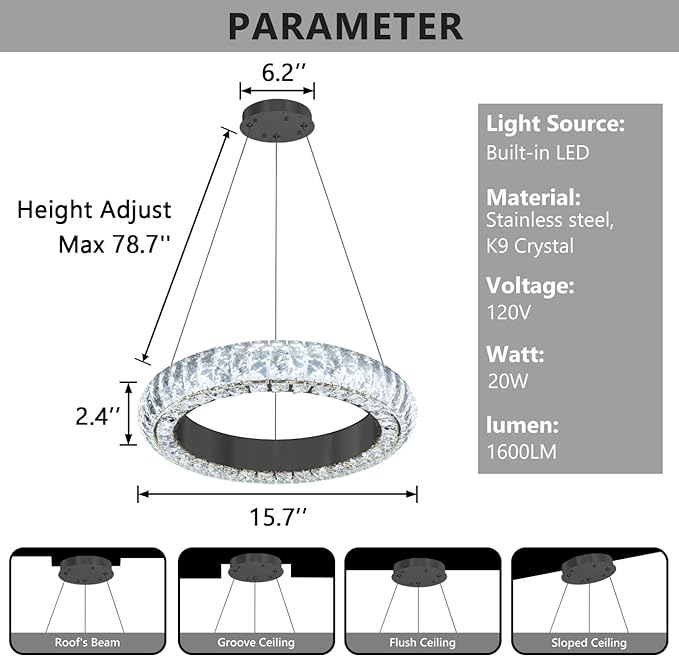 16" Ring Modern LED Dimmable Crystal Chandelier Adjustable Height Pendant Light Round Crystal Chandelier Light Fixtures for Dining Room Living Room Kitchen Island Black