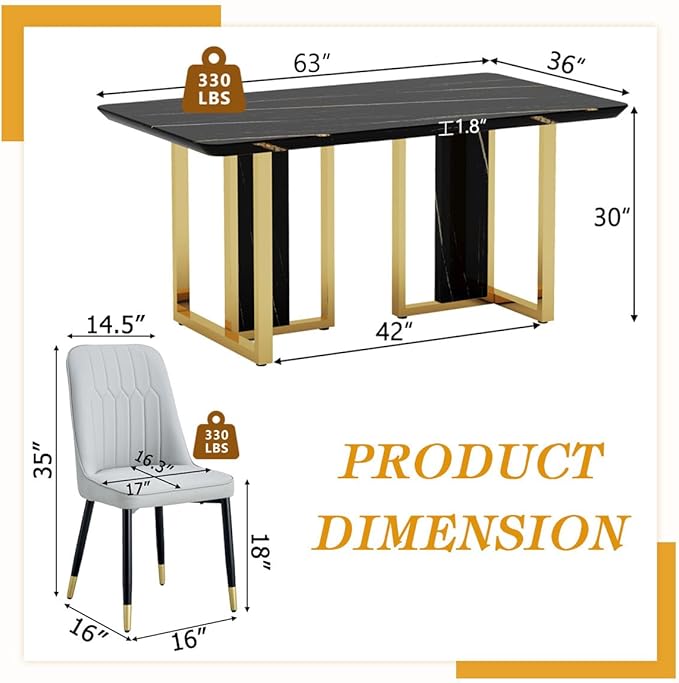 TesNus 63" Black Dining Table Set for 4 with Chairs,Modern Faux Marble Rectangular Kitchen Table and Chairs Set Luxury 5 Piece Dining Room Set with Gold Metal Legs,Easy Assemble,Stable Base