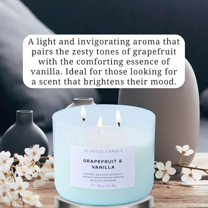 T&H Aromatherapy Soy Candles for Women & Men, Coconut Orange Blossom & Grapefruit Vanilla 3 Wick Scented Candles, 2 x 15.8 Oz