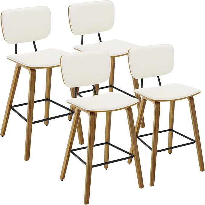 Counter Height Bar Stools Set of 4, PU Leather Upholstered Barstools with Backs, Bent Wood Legs, 26 Inch Seat Height, Mid Century Modern Counter Stools for Kitchen Island, Cream White